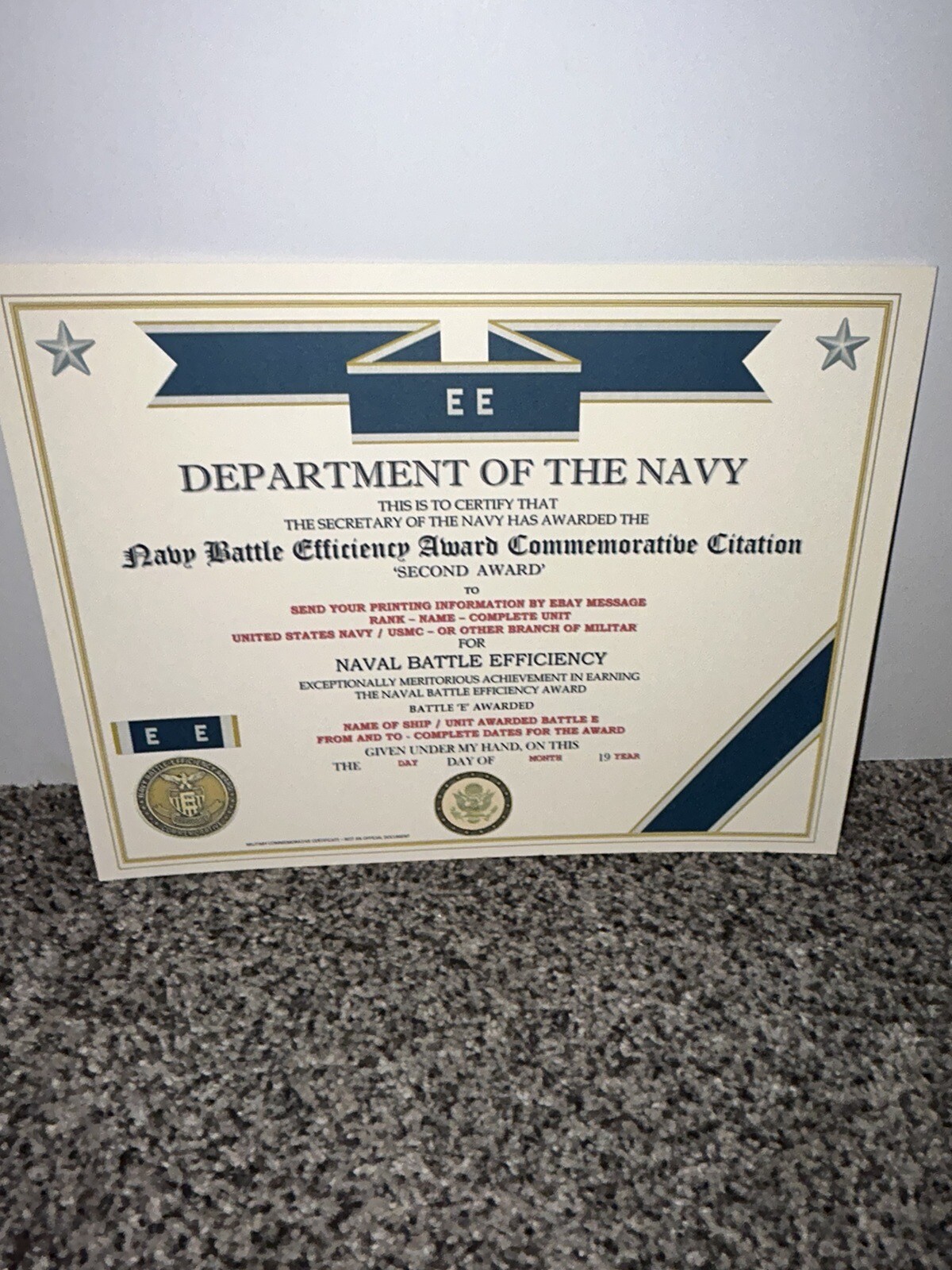NAVY BATTLE E CITATION~2ND AWARD COMMEMORATIVE CERTIFICATE ~ TYPE-2 / W/PRINTING
