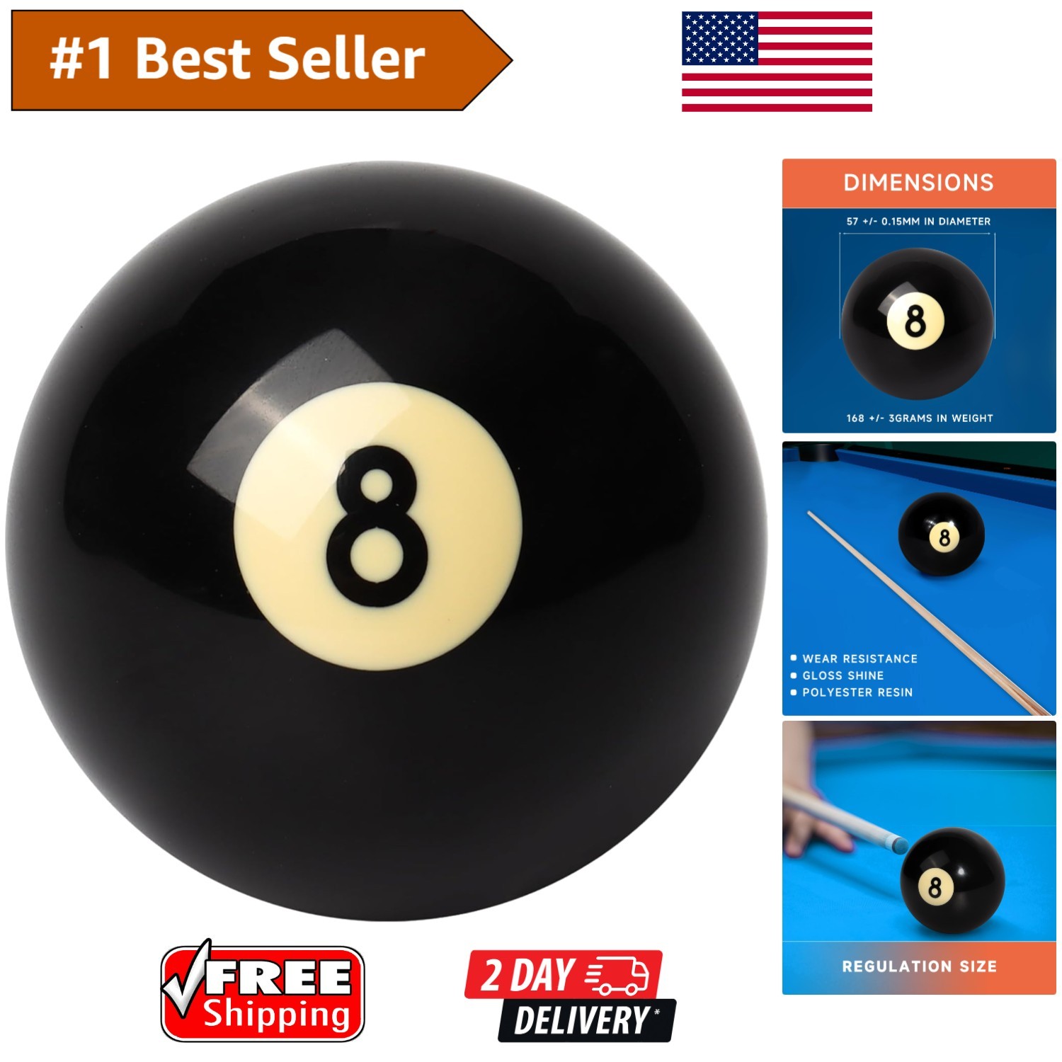 2.25 Inch Billiard Pool Ball #8 - Durable Polyester for Superior Performance