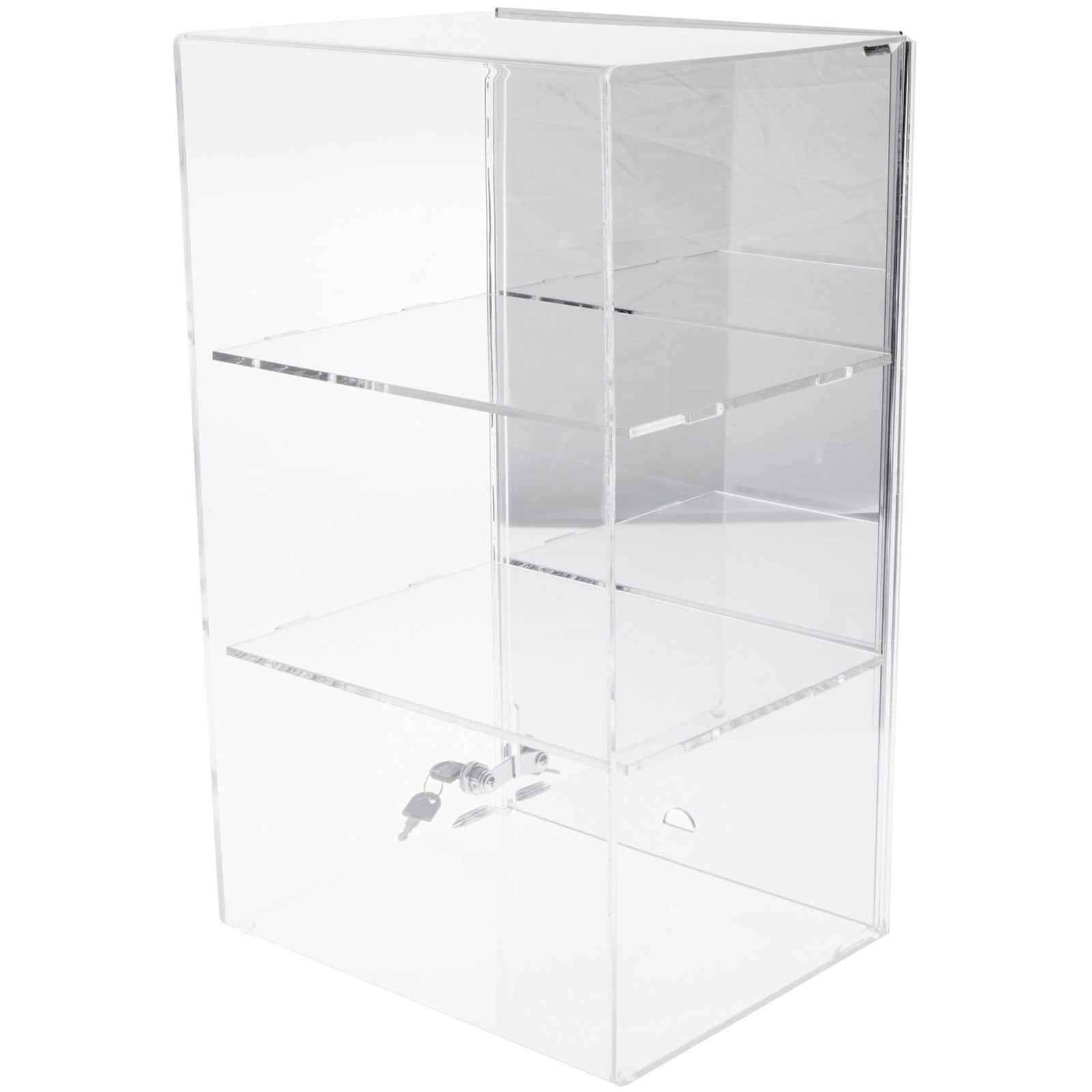 Plymor Acrylic Locking Case Sliding Back, 2 Shelf Mirrored 20.75" x 12.25" x 10"