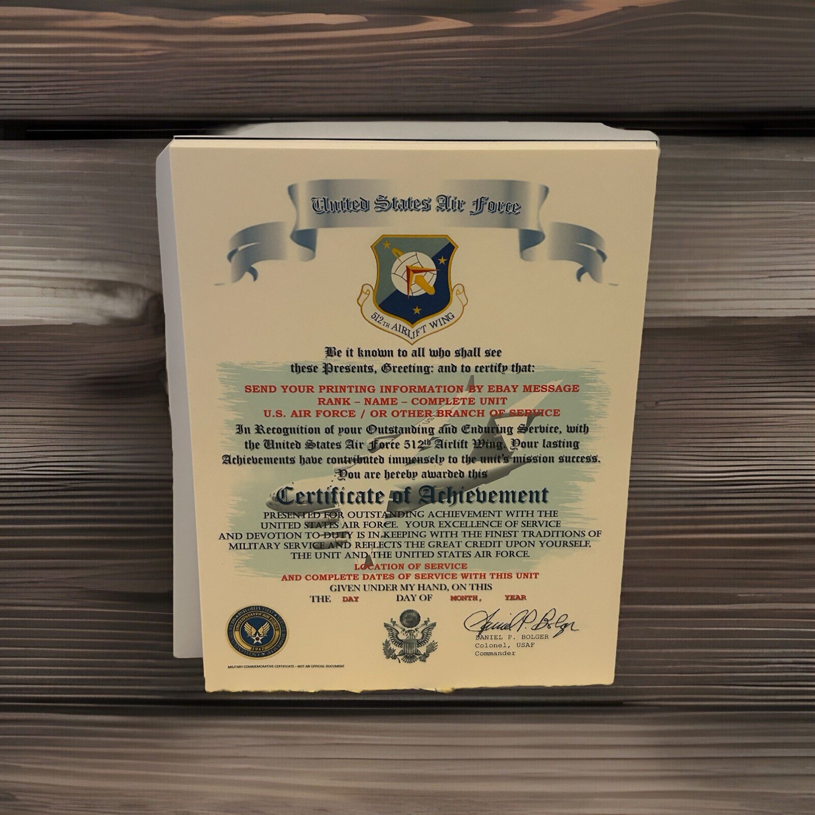 U.S.A.F. / AIR FORCE 512TH AIRLIFT WING - CERTIFICATE OF ACHIEVEMENT