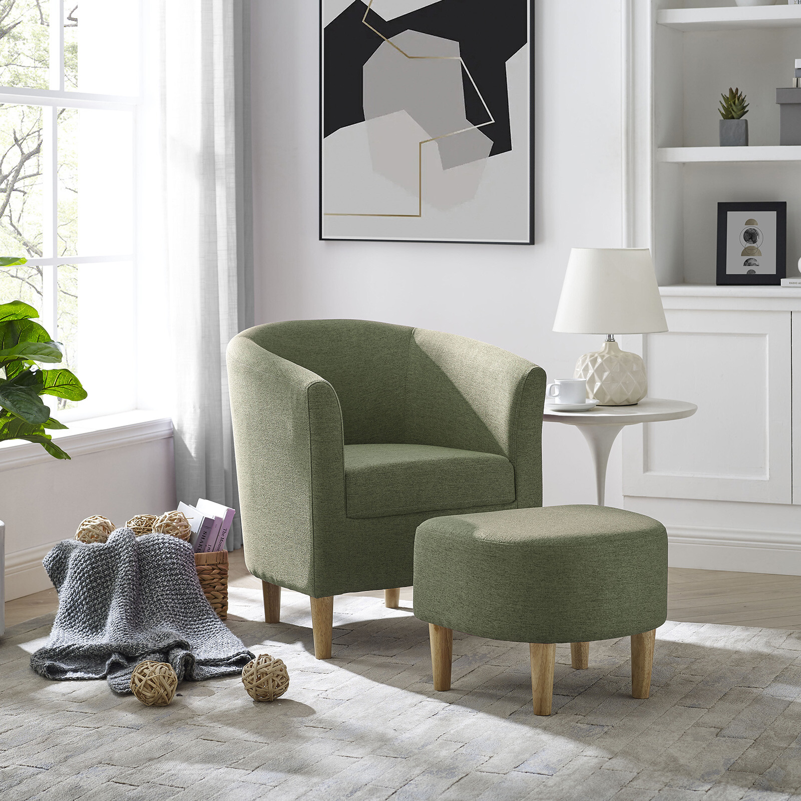 Modern Single Sofa Accent Arm Chair w/ Ottoman Linen Fabric Comfy Upholstered