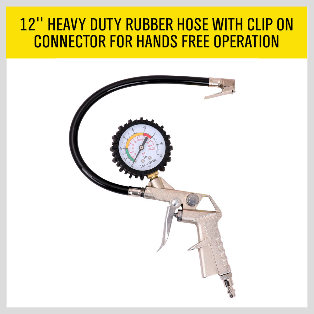 Dial Tire Inflator Gauge Flexible Hose 220 PSI Pistol Style Air Chuck Pneumatic