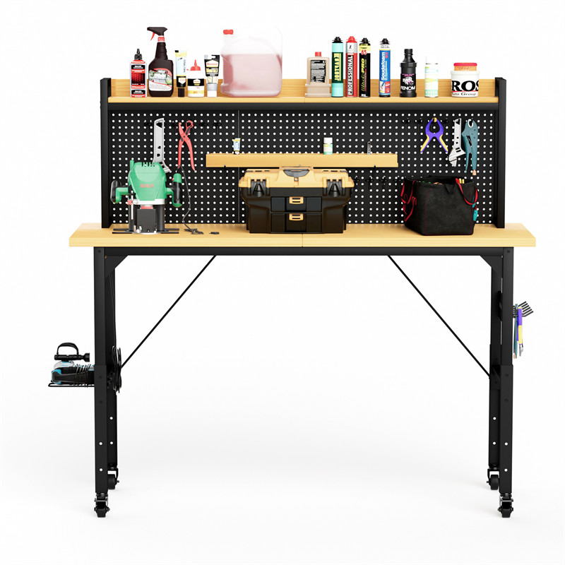 71'' Adjustable Workbench with Wheels Pegboard AC/USB Outlet Hooks Shelf 1600 lb