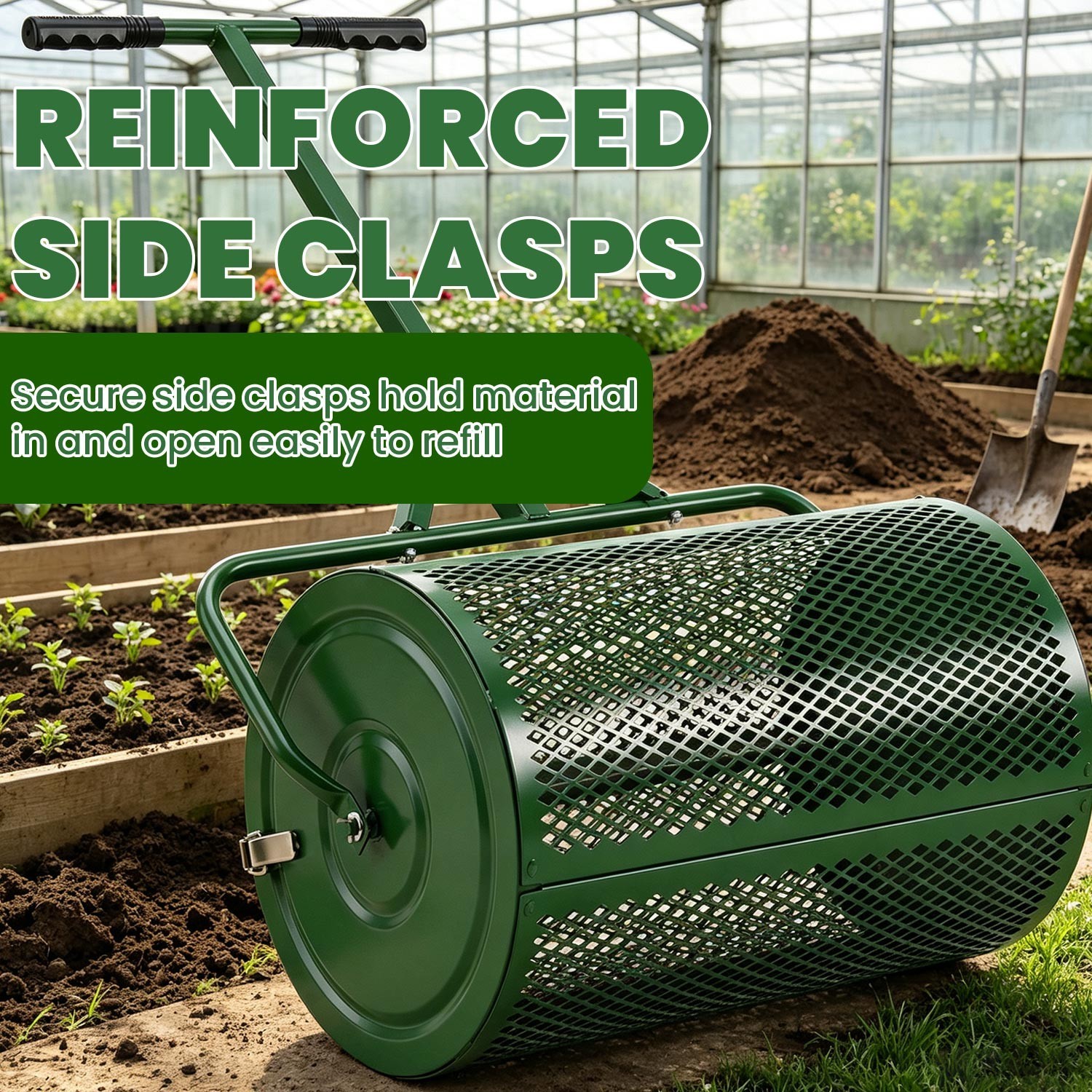 24" Peat Moss Spreader Heavy Duty Compost Roller Adjustable T Handle Lawn