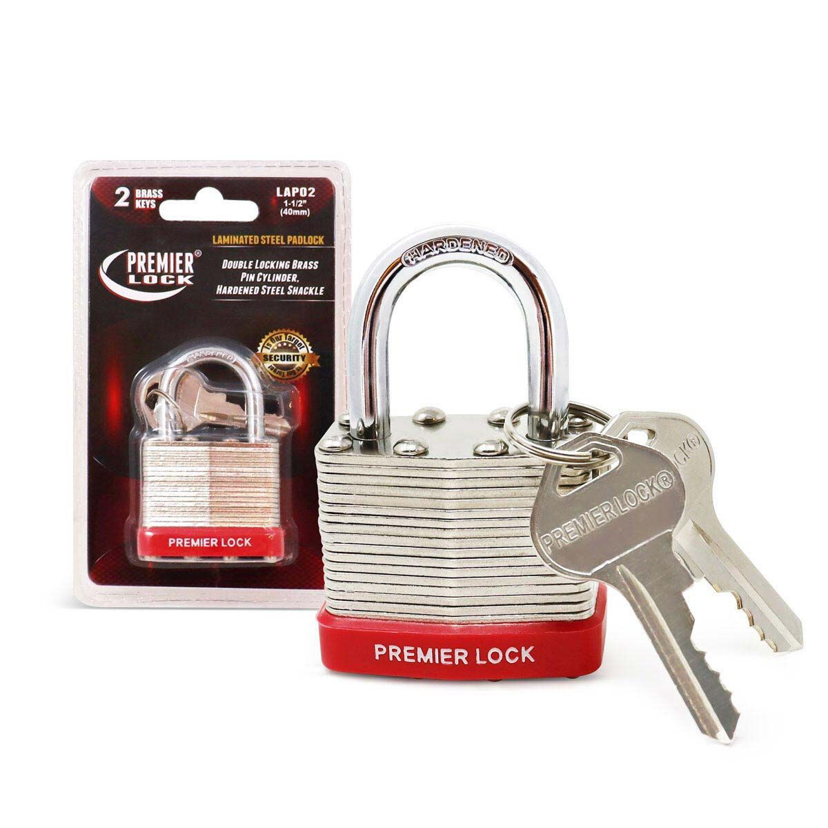 Premier Lock LAP1 Laminated Steel Padlock Brass Cylinder Hardened Shackle 1-1/4"