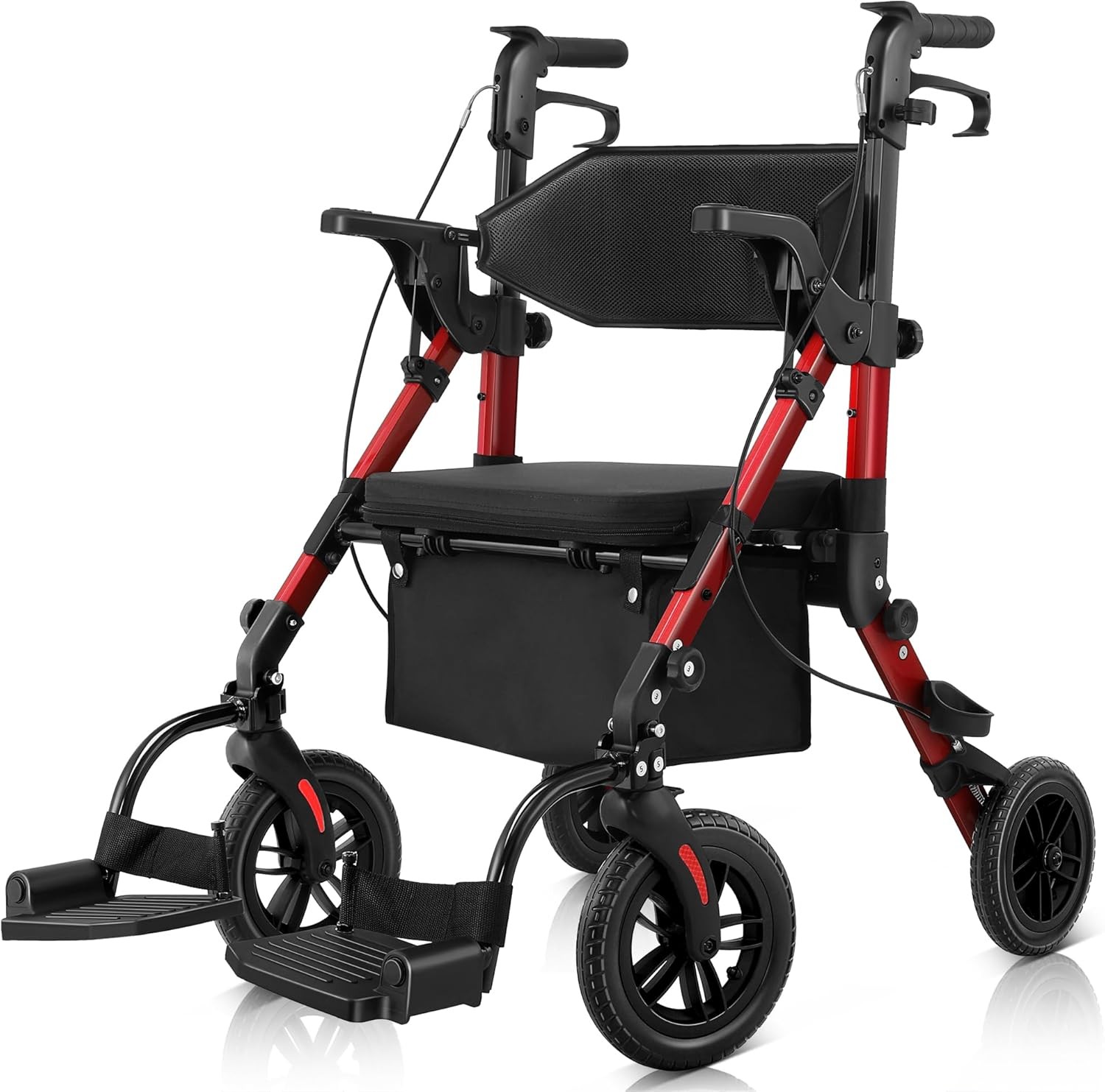 Rollator Walkers for Seniors with Seat, Walker Wheelchair Combo with Brakes,Red