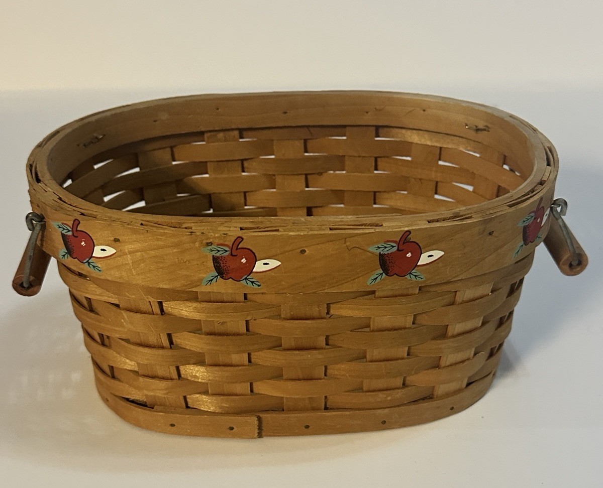 Vtg Apple Themed Farmhouse Woven wooden Basket Oval With Handles