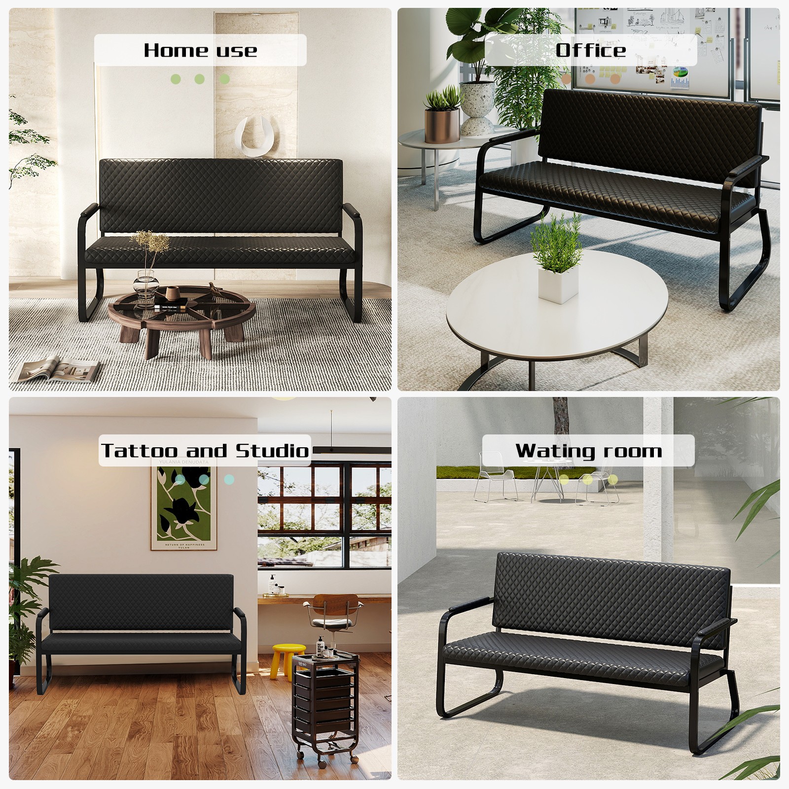 Black Waiting Chair Guest Reception Seating Bench Barbershop Beauty Salon Office