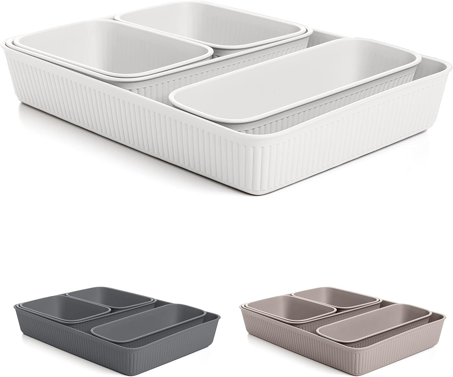 Superio Set of 5 Decorative Plastic Ribbed Desk Drawer Organizing Tray (White)