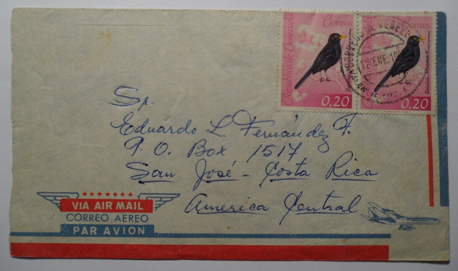 STAMPMART : VENEZUELA 1965 BIRDS PAIR COVER USED TO COSTA RICA