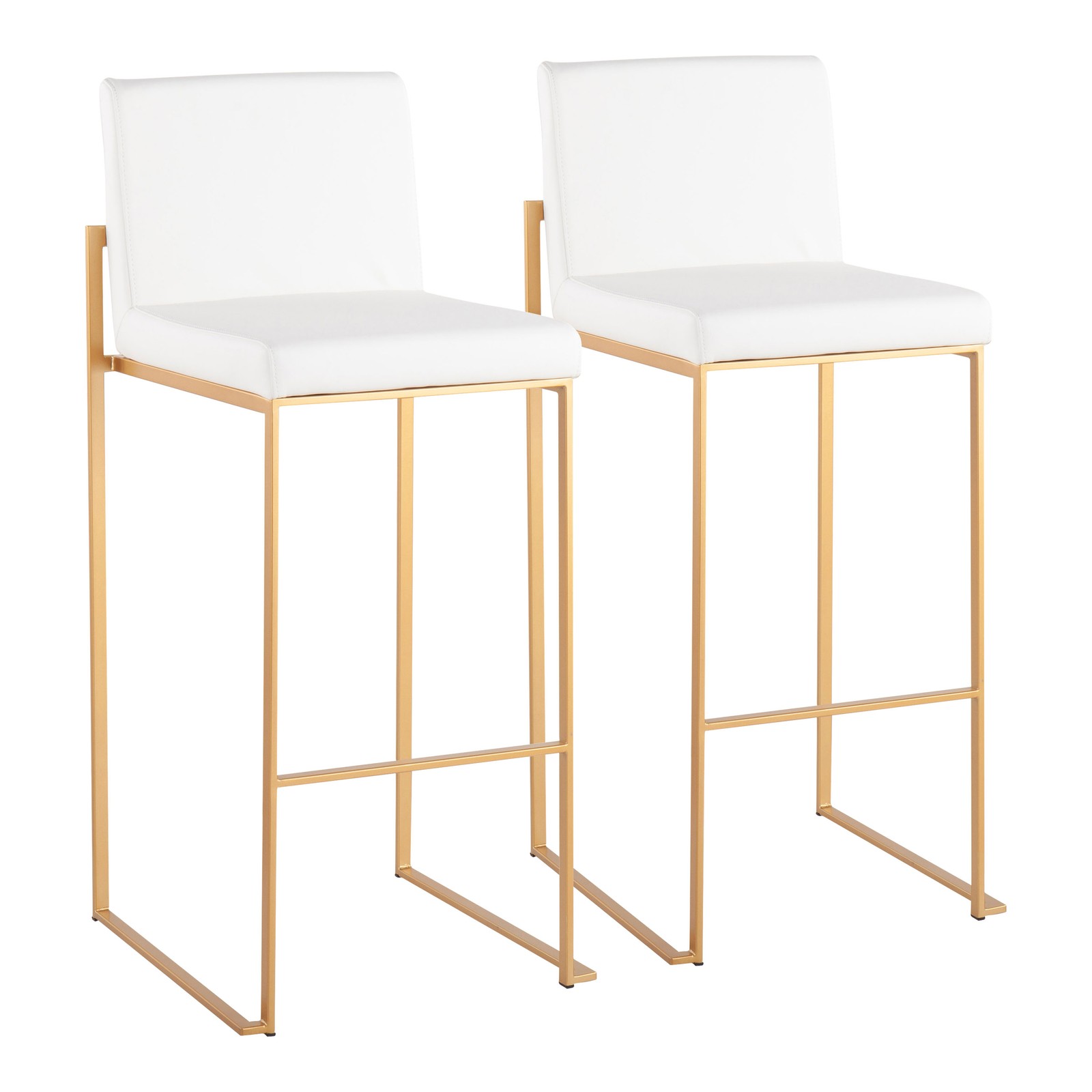 Fuji Contemporary High Back Barstool in Gold Steel and White Faux Leather by