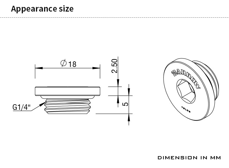 Barrow G1/4" Thin Stop Plug Fitting Low Profile Internal Hex Socket TBLDS