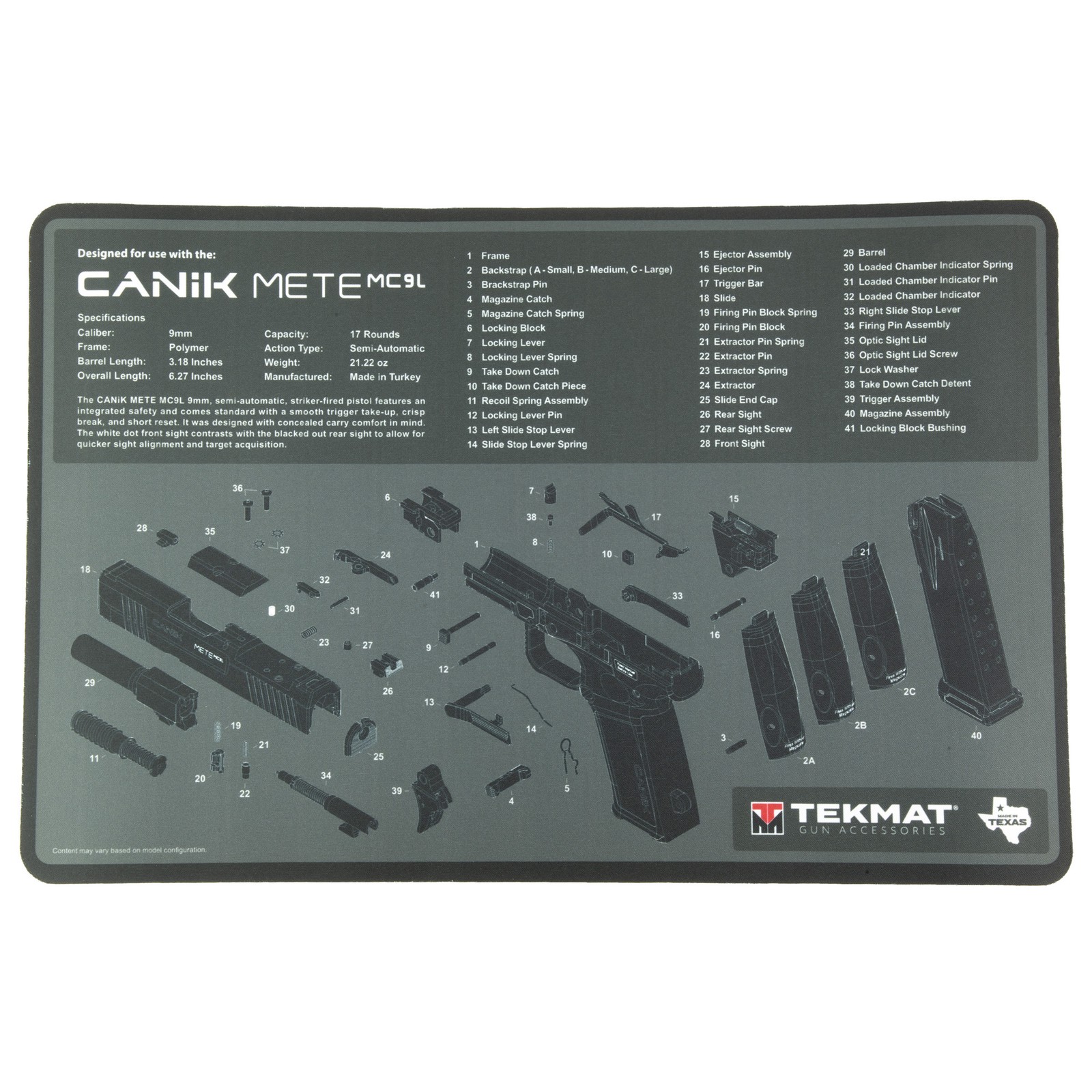 TekMat Canik MC9L Pistol Cleaning Mat 11x17 Padded Oil-Resistant Black