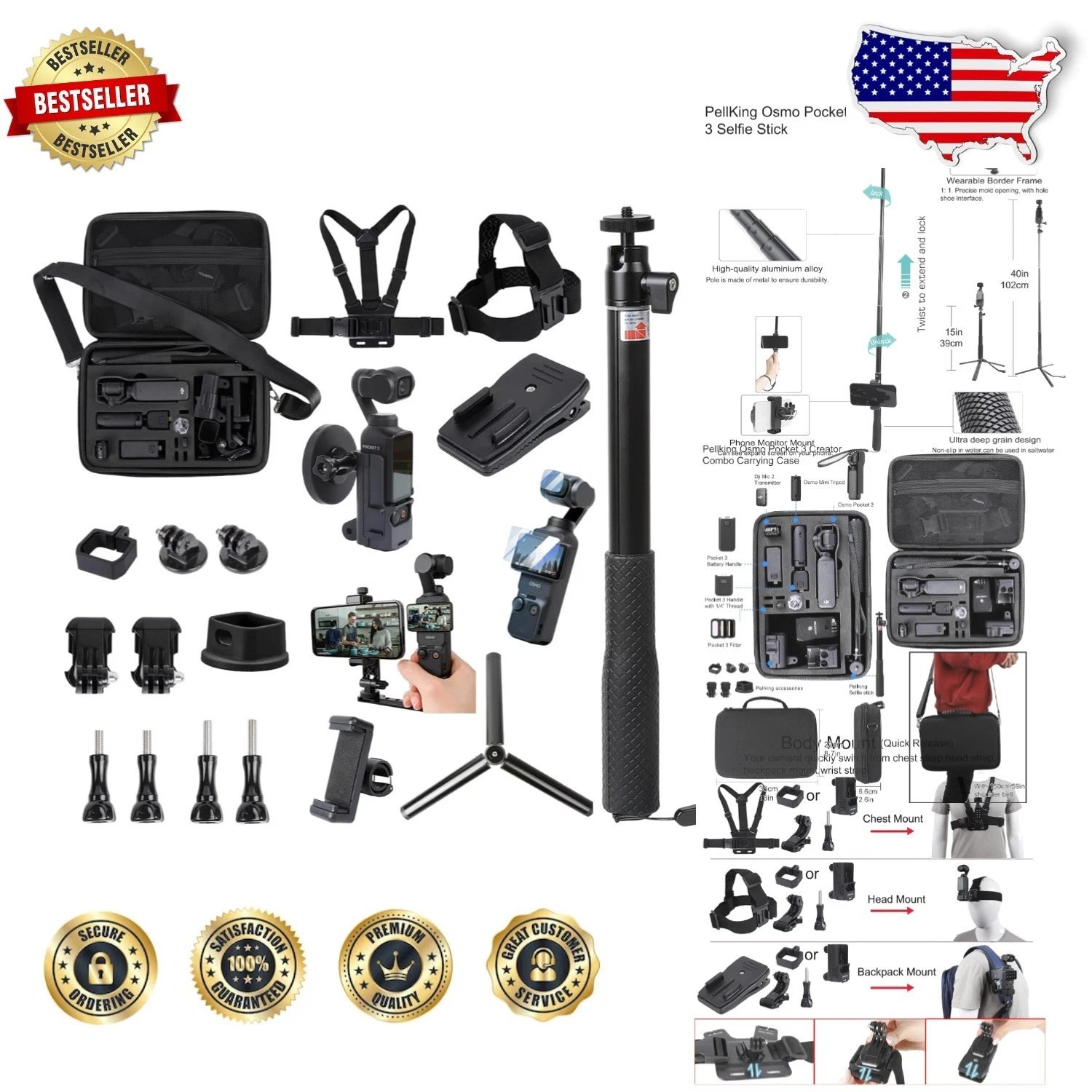 DJI Pocket 3 21pc Accessory Bundle: Magnetic Mount, Selfie Stick