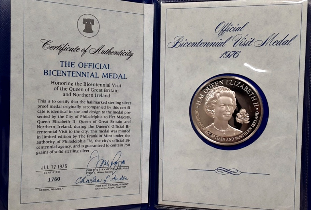 FM 1976 Elizabeth II Visit US Bicentennial .925 Silver PF Medal in Folder