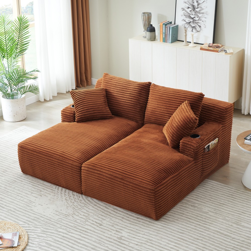 Light Gray Corduroy Compressible Double Chaise Sleeper Sofa with Cup Holders