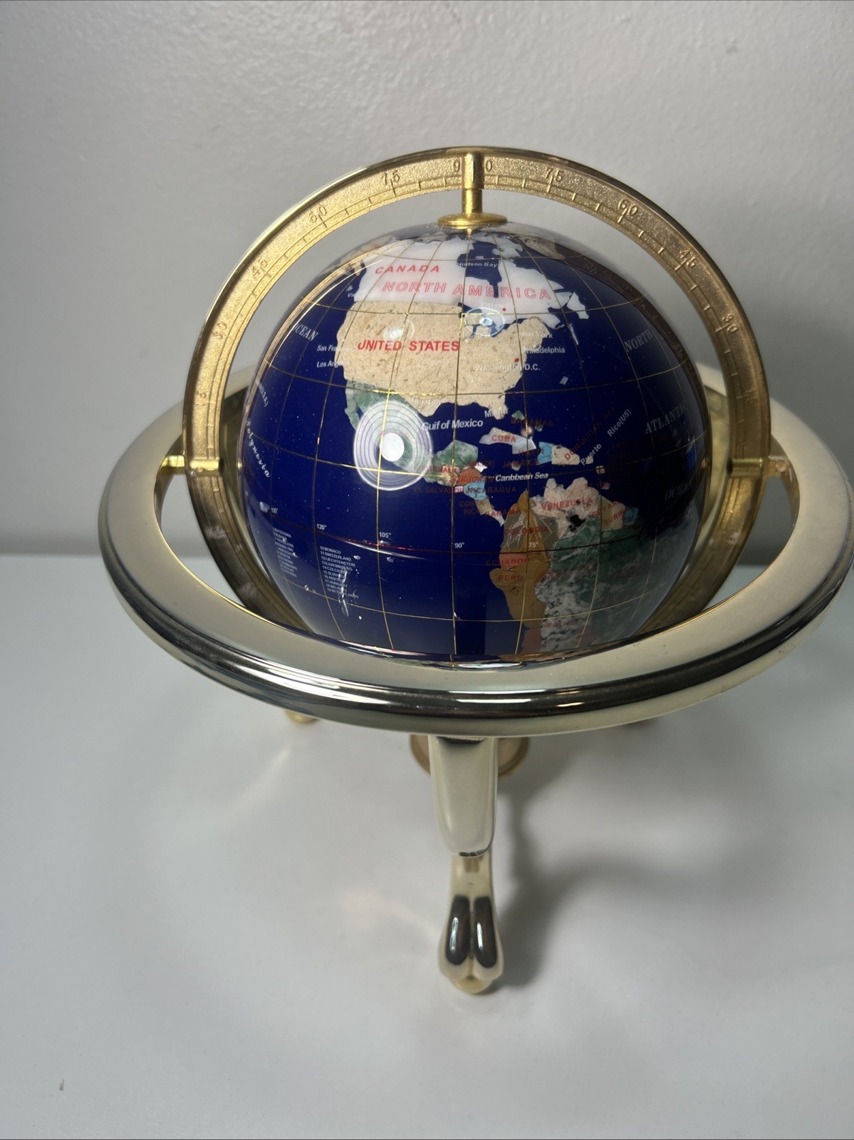 Globe Blue Ocean Gold Tone 3 Leg Table Stand Gen MOP World Map GEM STONE