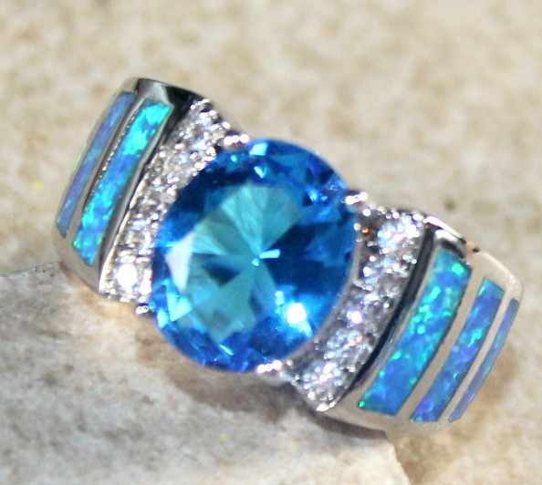 SILVER Elegant Blue Fire Opal & Royal Blue Topaz Oval Ring Size 8, WR41705