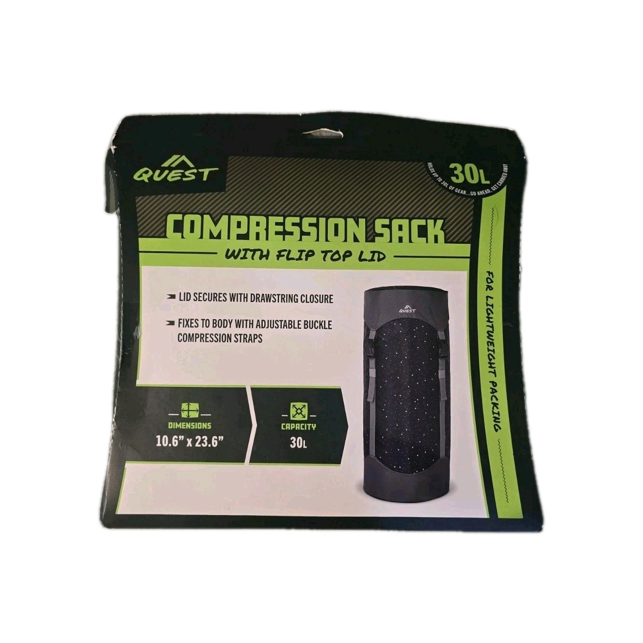 Quest Compression Sack 30L Black Polyester Drawstring Adjustable Straps Clothing