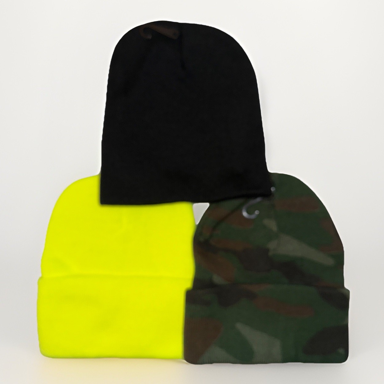 Lot Of 3 Adult Winter/Fall Knit Acrylic Beanies Lemon, Camo, Black