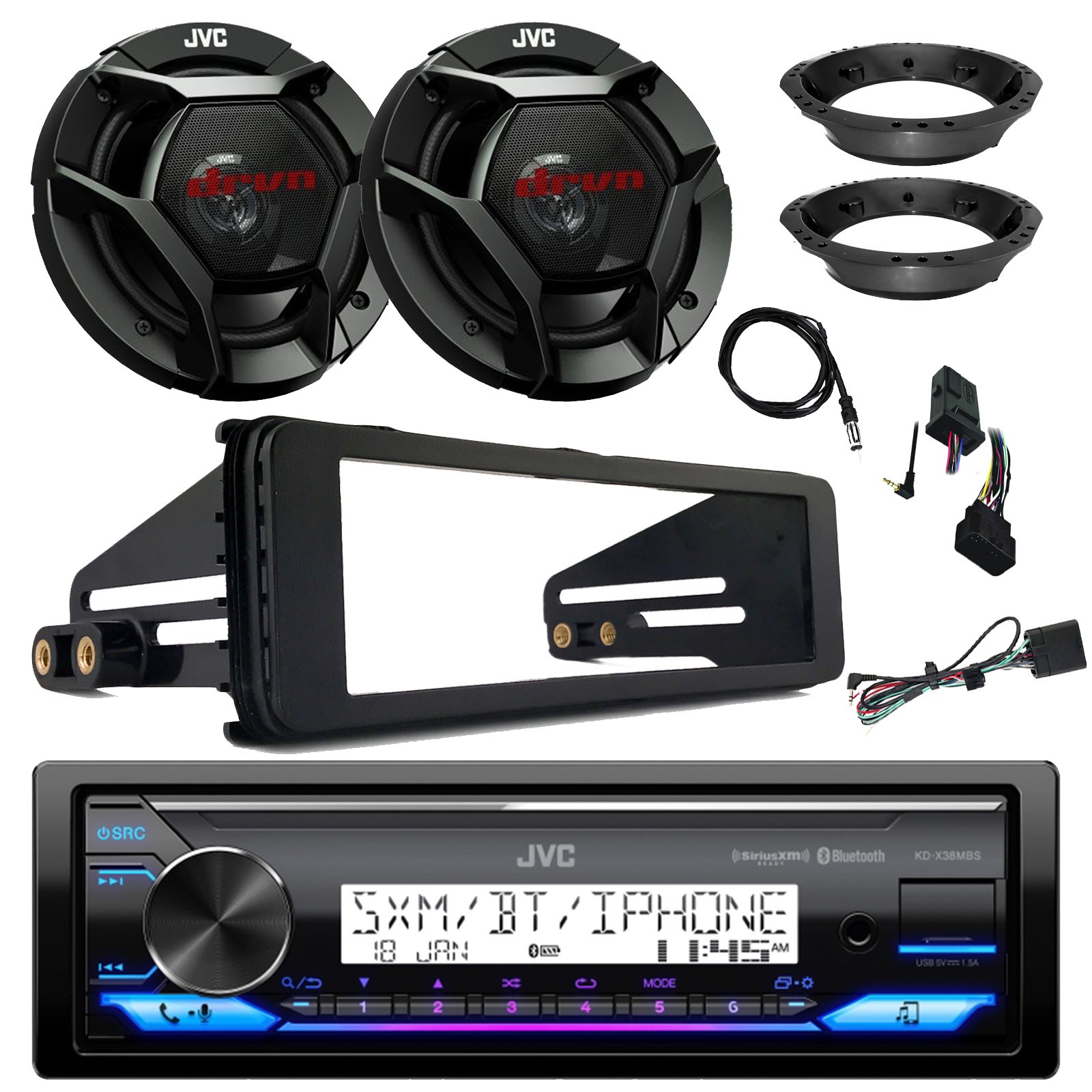 JVC Marine Radio, 2x 6.5" 300W Speakers, Antenna, Harley Install Kit Accessories