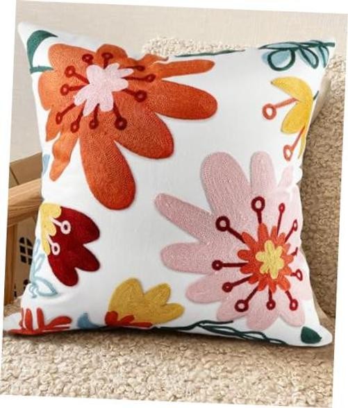 Embroidered Throw Pillow Cover - 18x18 18" x 18" (Pack of 1) Artistic Flowers