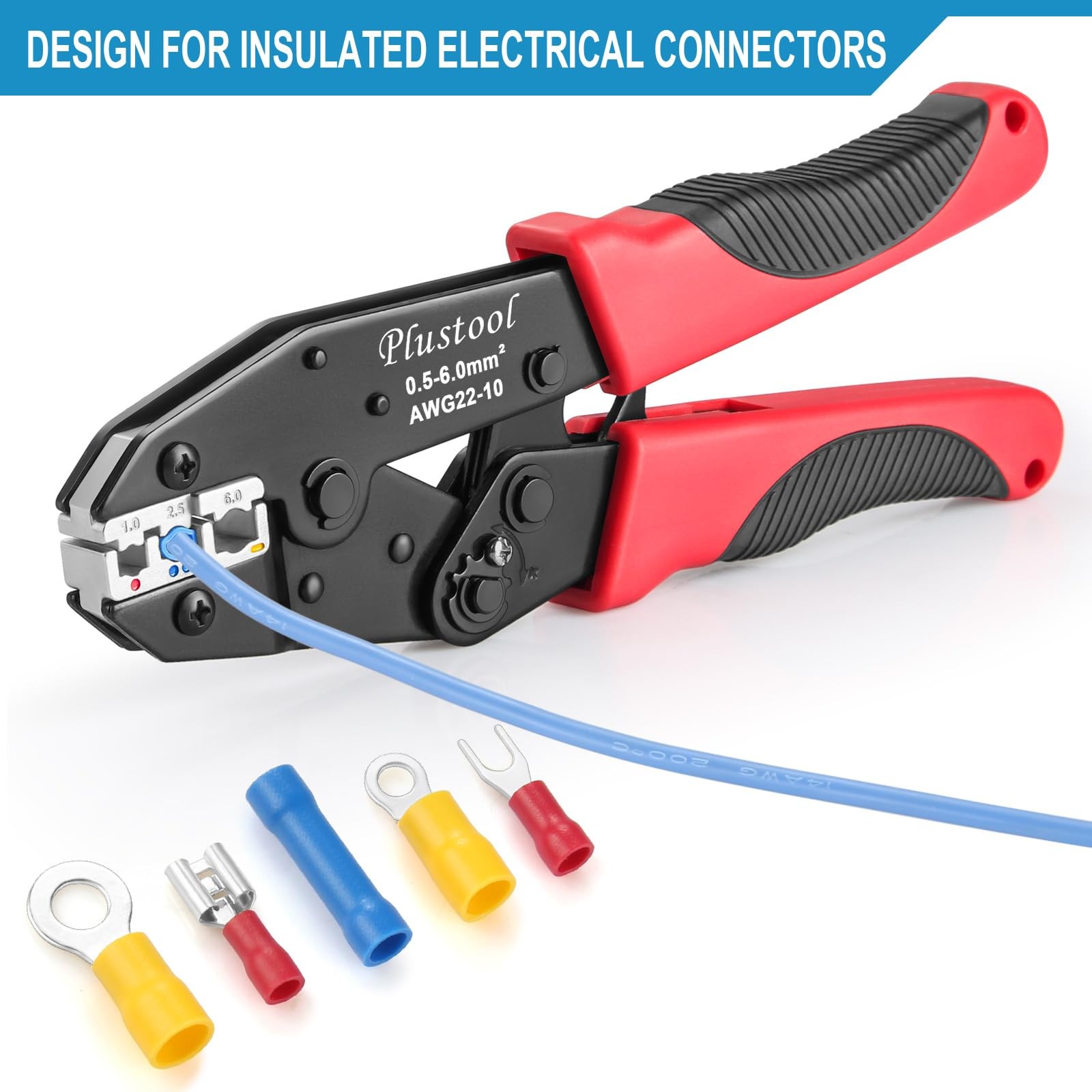 Plustool Crimping Tool for Insulated Electrical Connectors AWG Red&black