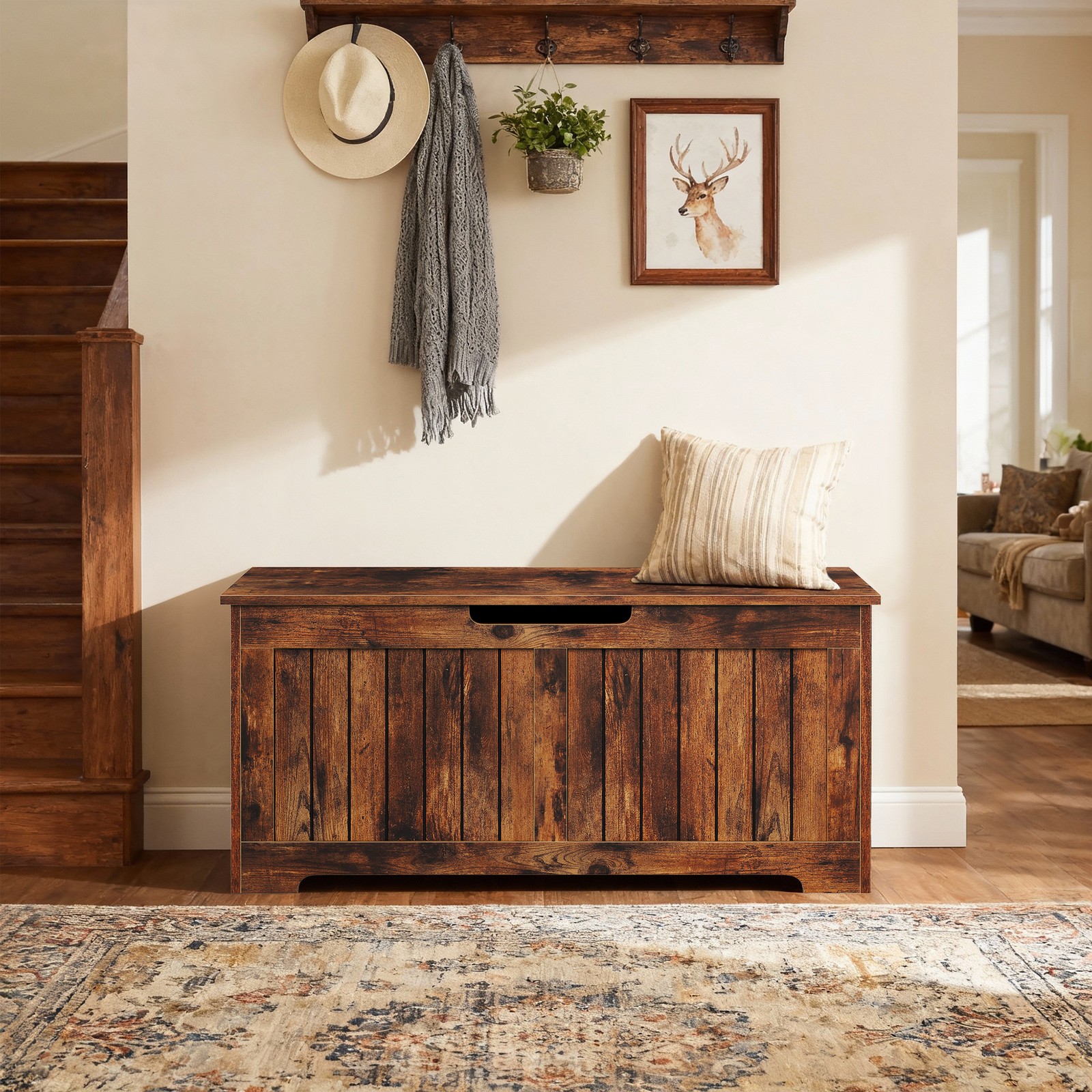 Storage Chest Storage Bench with Safety Hinge White for Playroom Rustic Brown