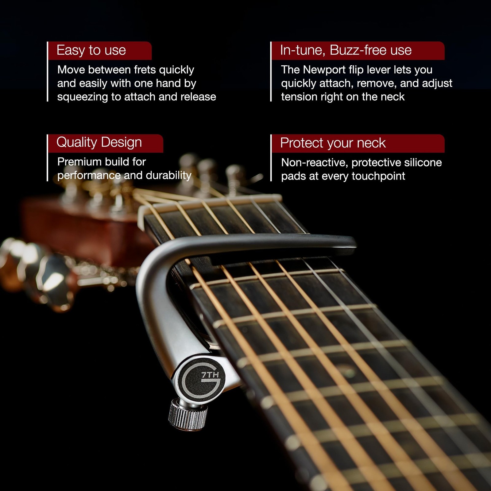 G7th Newport 5 String Partial Silver Guitar Capo - Lightweight with Adjustabl...