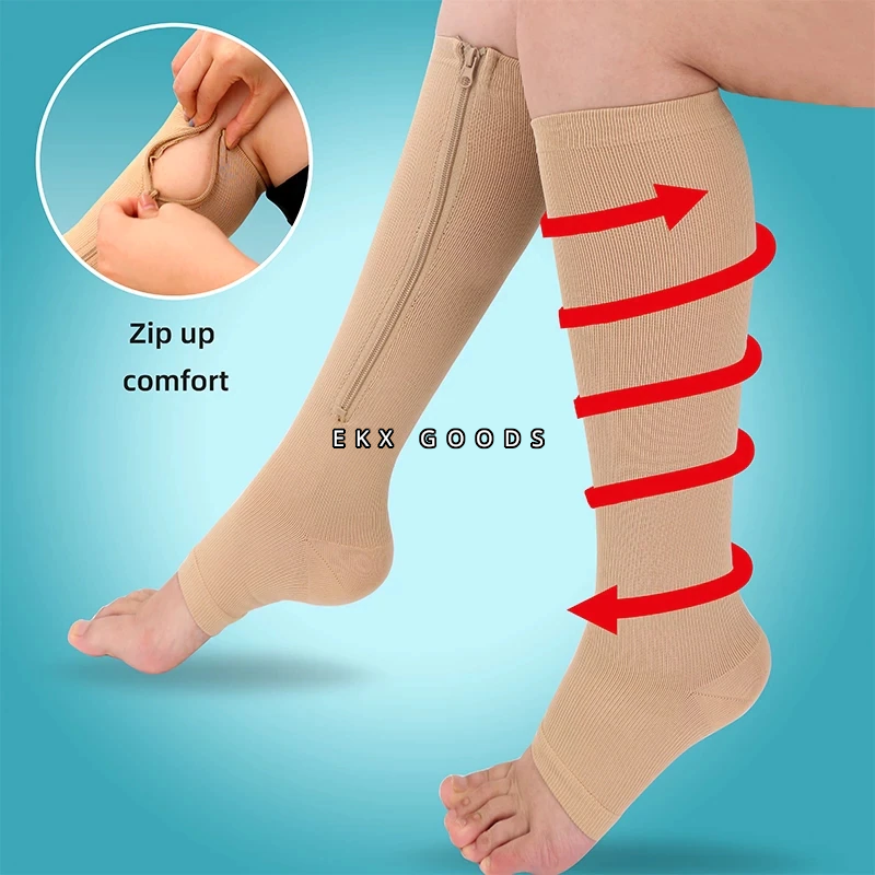 Zipper Open Toe Compression Socks 20-30mmHg Calf Leg Ankle Support Stocking