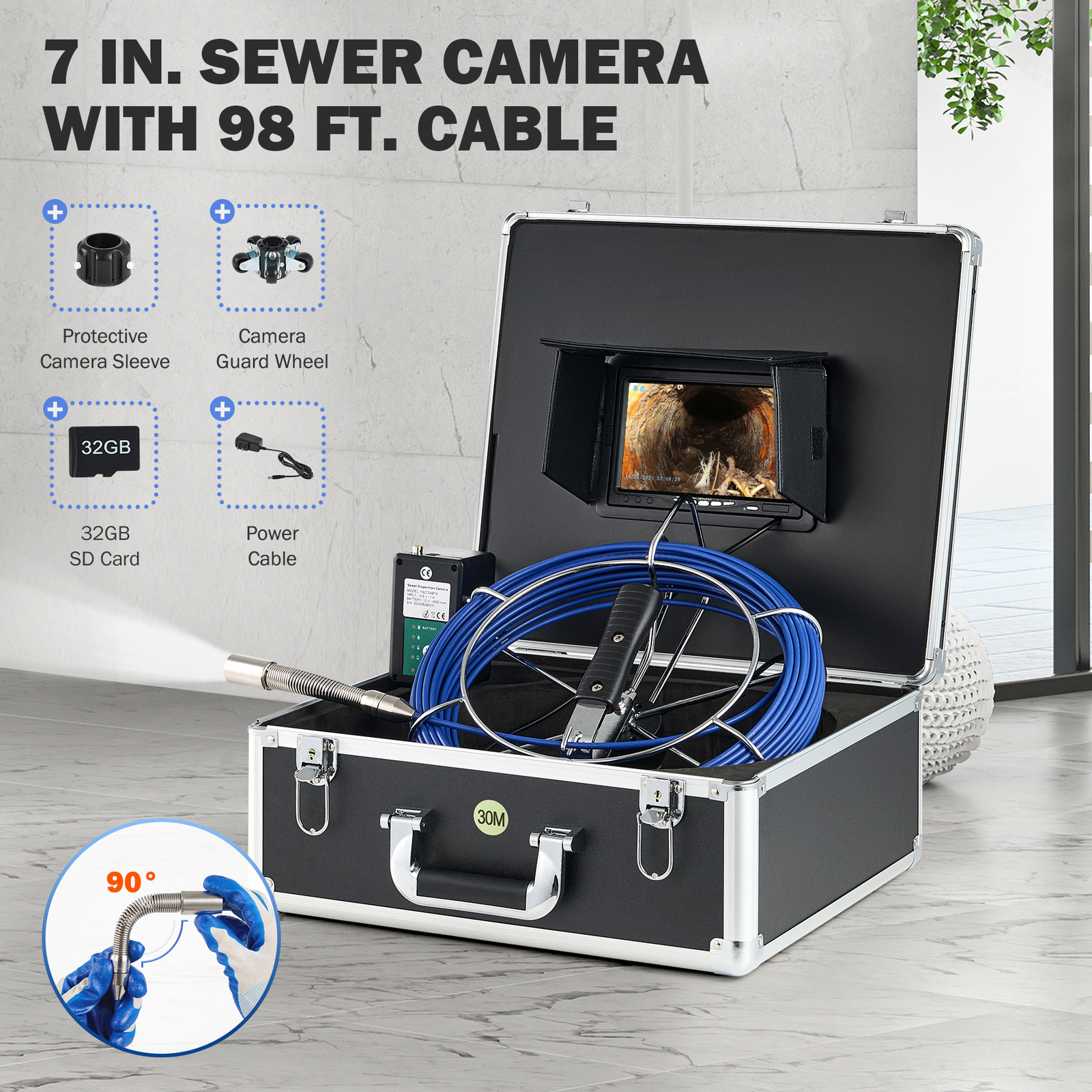 7" Self-Leveling Sewer Inspection Camera w 512Hz 30m/98ft 12 LED Light IP68 720P