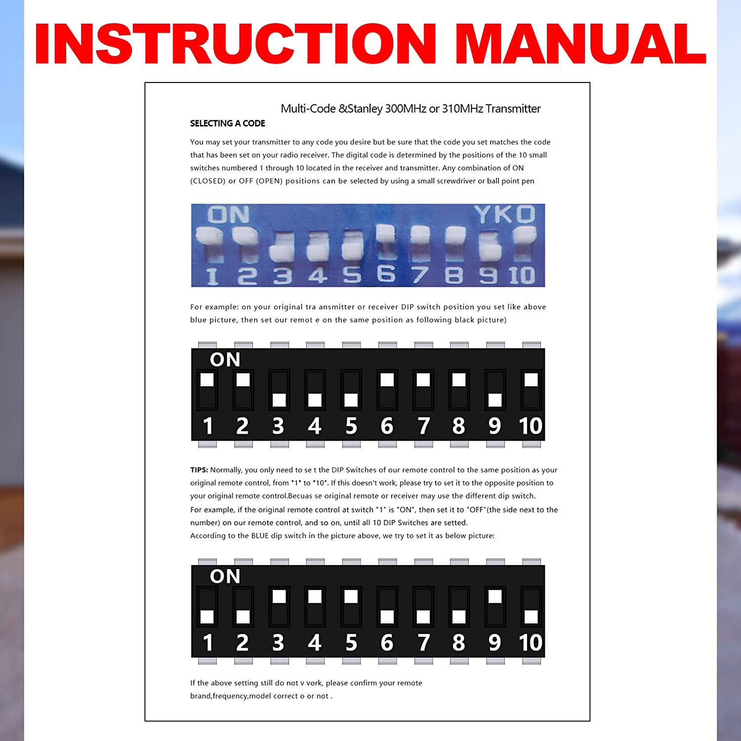 Multi-Code 3089 308911 Gate Garage Door Opener 300MHz 10 DIP Code Remote Control
