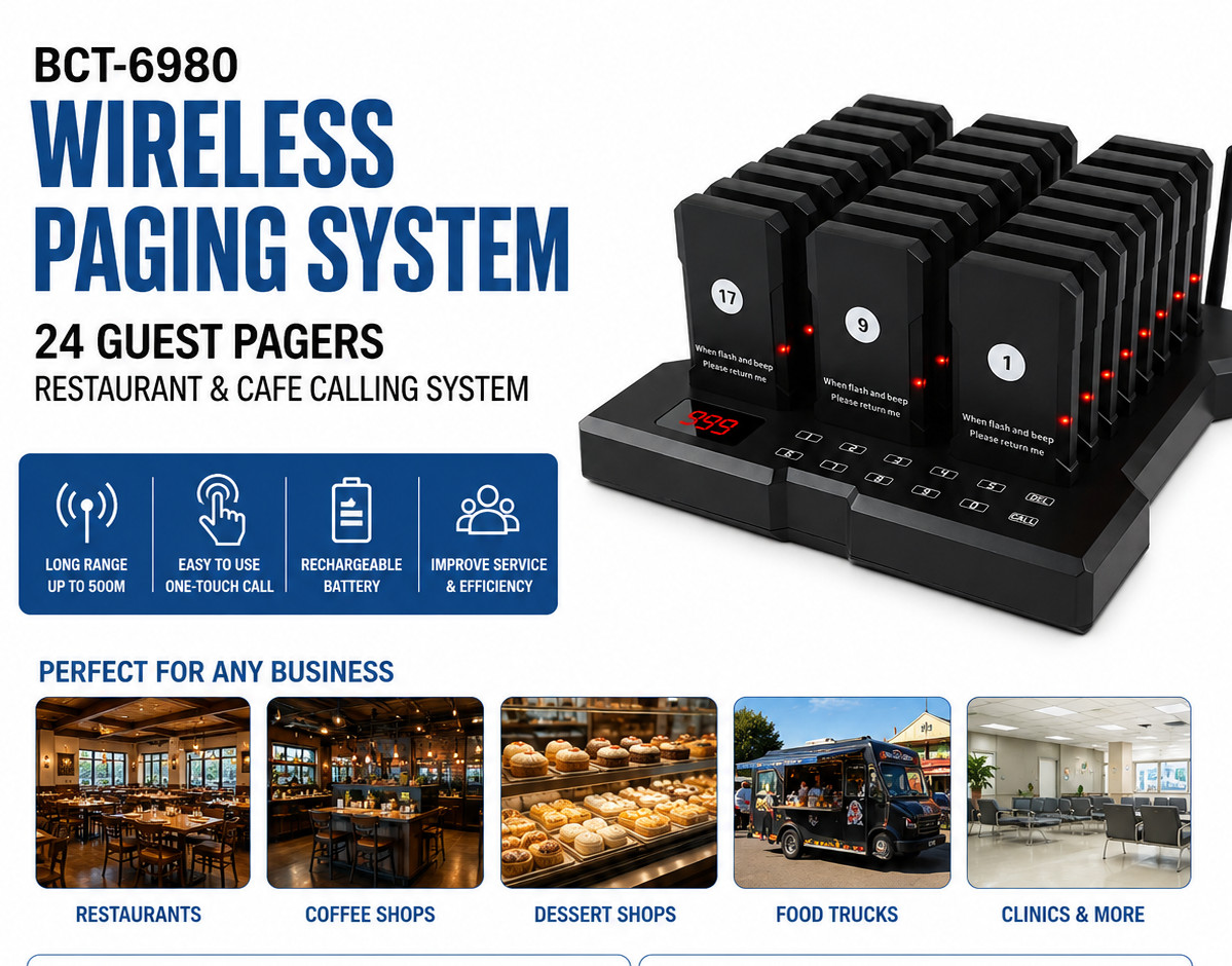 Wireless Paging System BCT-6980 24 Guest Pagers Restaurant Cafe Food Calling New