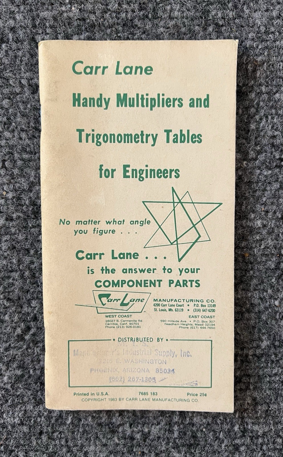 1983 Vintage Carr Lane Mfg Handy Multipliers Engineer Trigonometry Tables