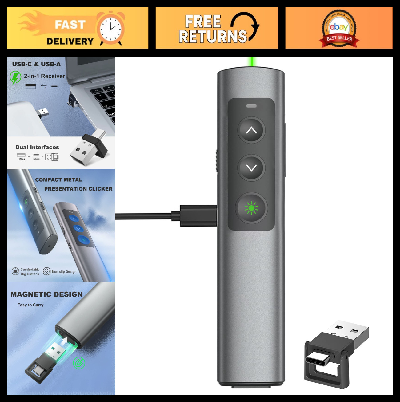 Rechargeable Green Laser Pointer Clicker for PowerPoint, USB-A & USB-C Remote Pr