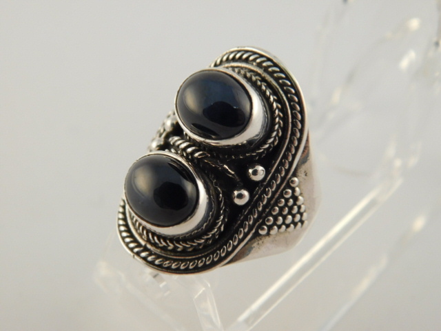 ONYX STERLING DOUBLE CABOCHON BEADED RING SZ 9.25 SILVER 925