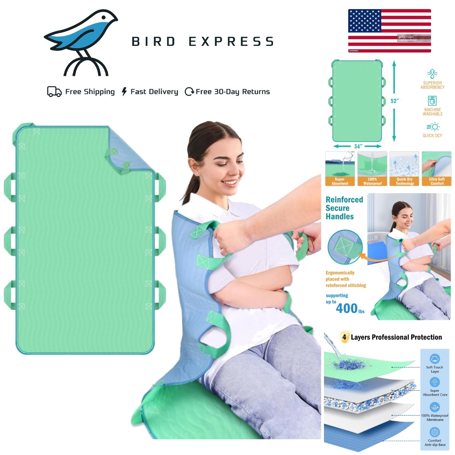 34x52 Inch Waterproof Reusable Bed Pad with Handles for Patient Lifting Transfer