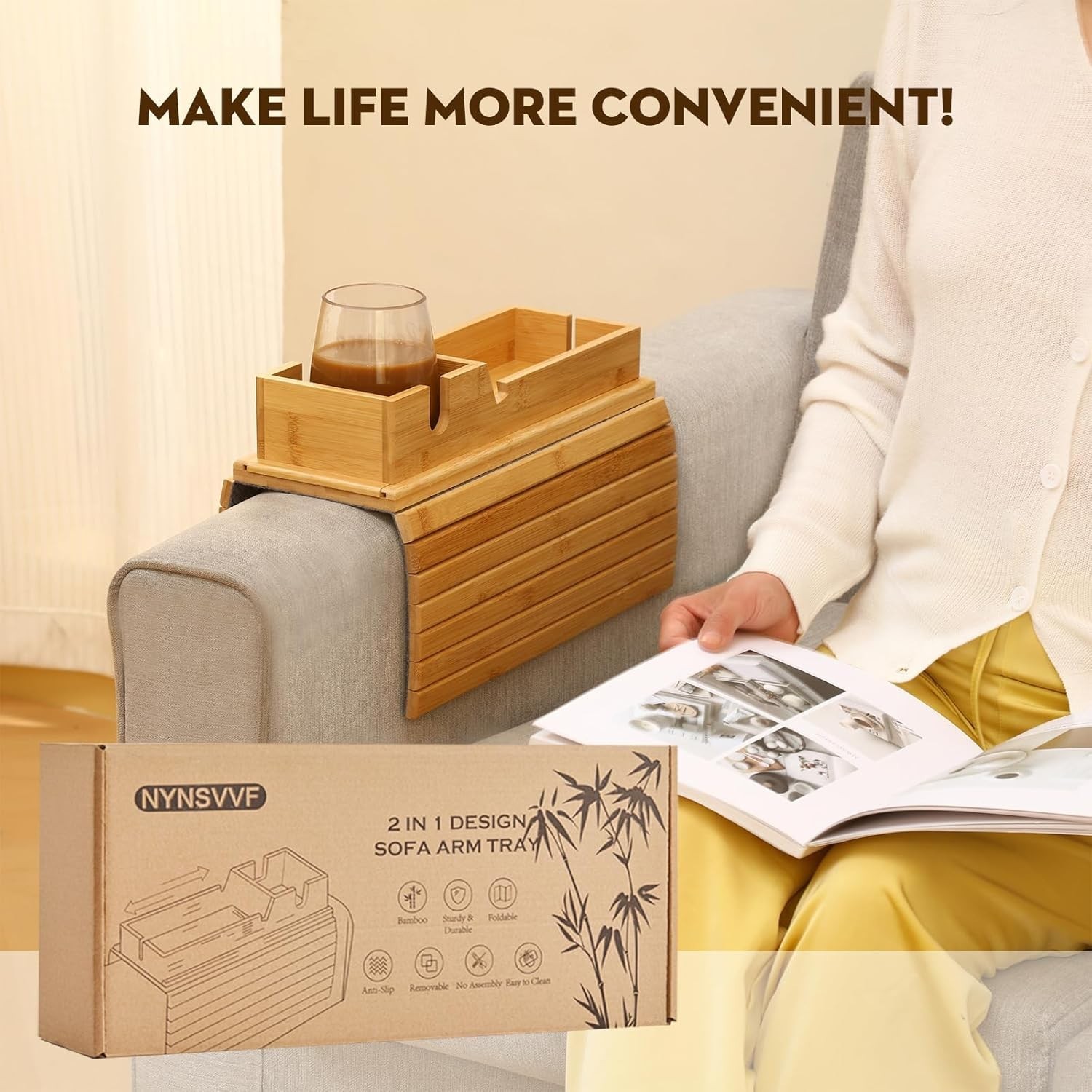 Bamboo Couch Arm Tray W/ Detachable Cup Holder 2 in 1 Foldable Anti-Falling