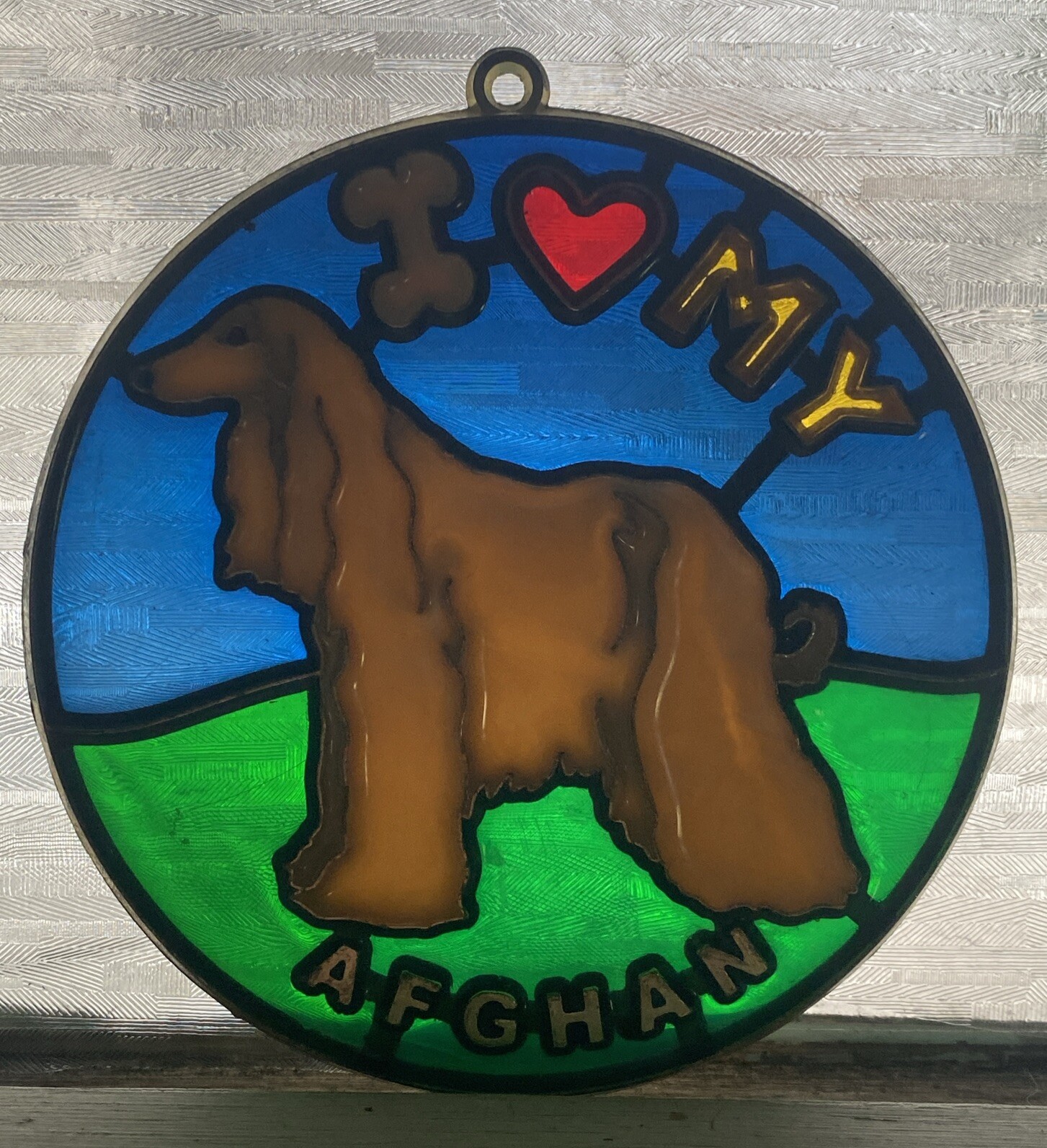VINTAGE I Love My Afghan Hound Stained Glass Ornament Hanging Window Decor 4.5”