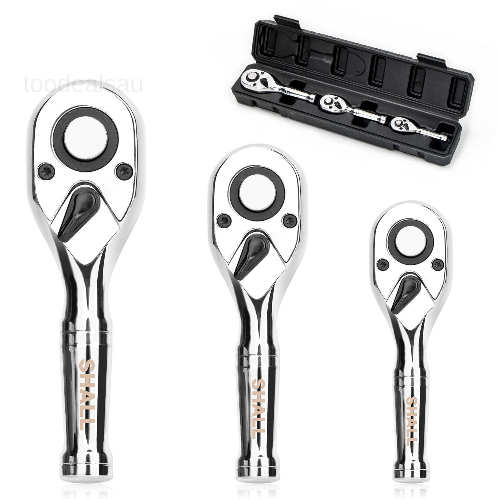 3-Piece Stubby Ratchet Set - 1/4'', 3/8'', 3pc ratchet set, Silver