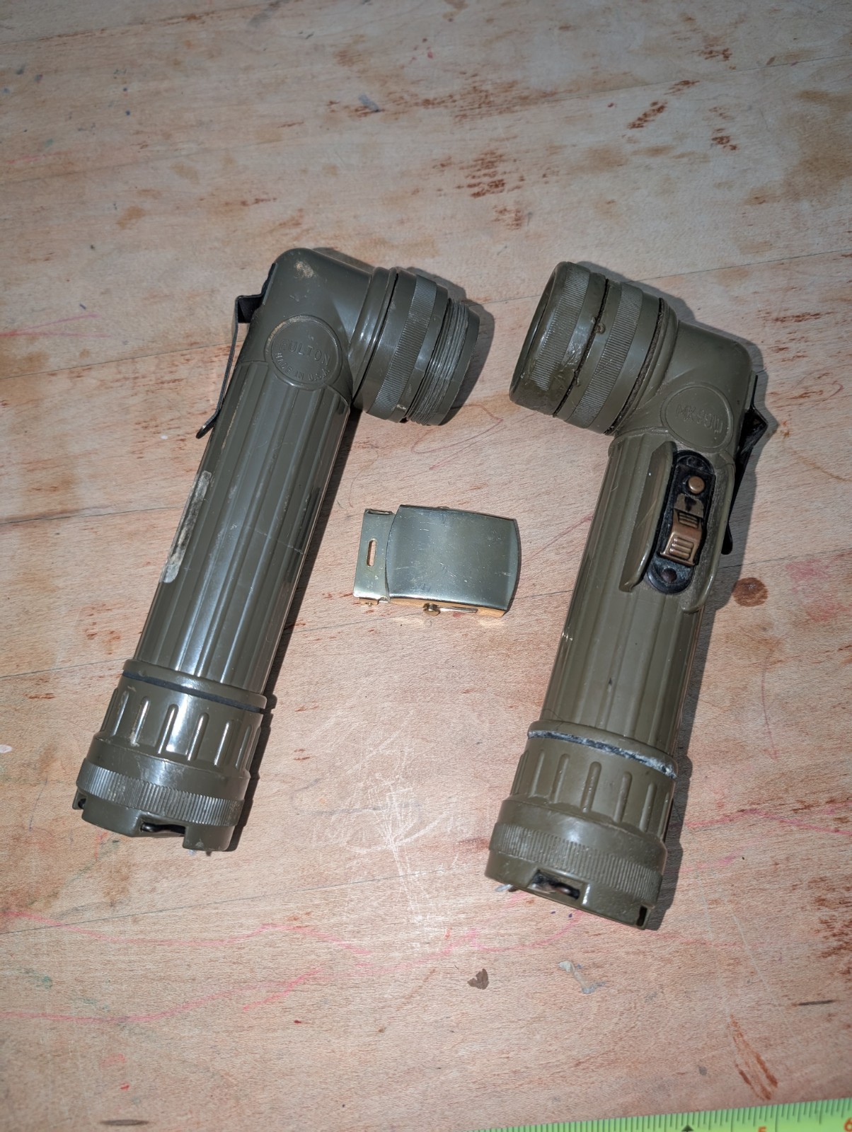 Vtg Military Hand Flashlights Fulton MX-991/U And Belt Buckle Extra Lenses USA
