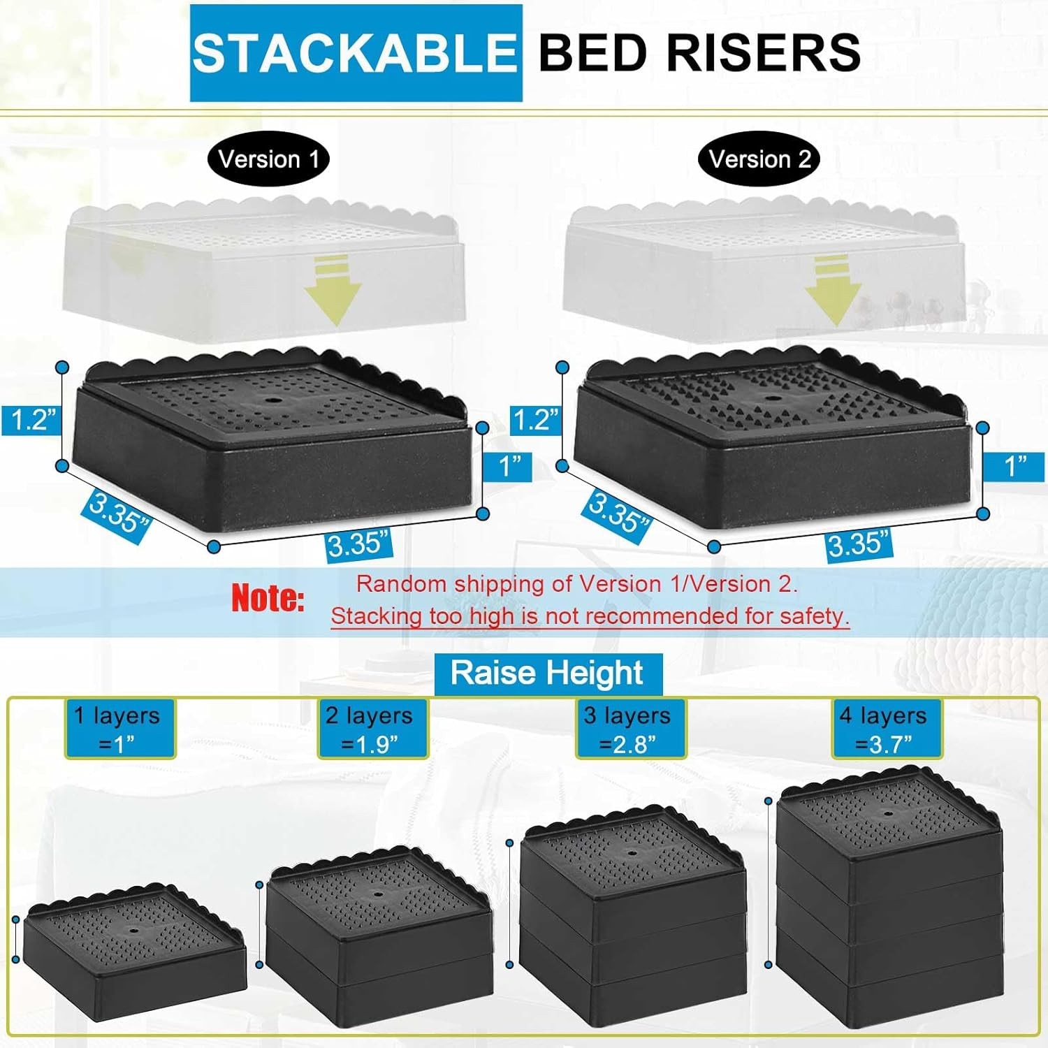 Bed Risers 1 inch, 2 inch, 3 inch, 4 inch Heavy Duty, Adjustable 4 Pack