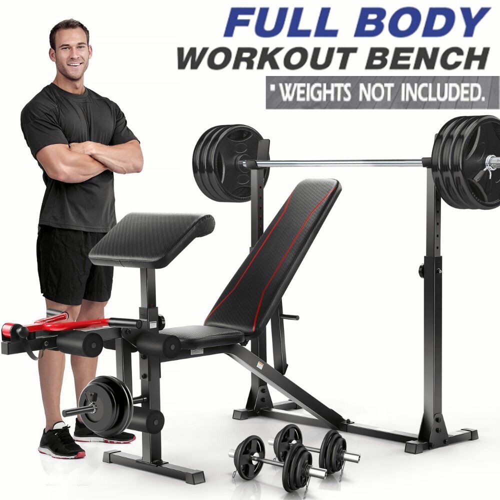 900LBS Weight Bench Set with Squat Rack Preacher Curl Leg Extension Bench Press