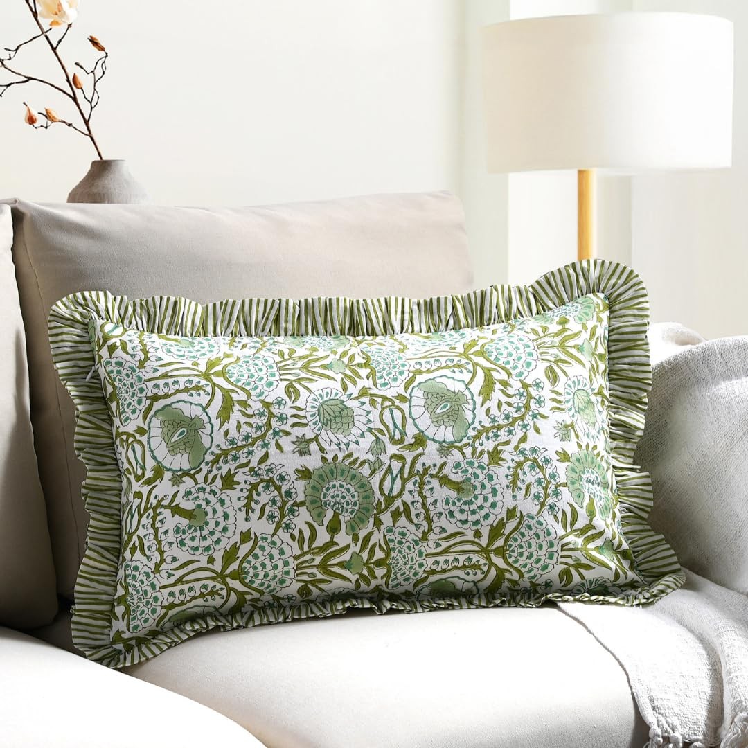 CPC Hand Block Print Agate Green Ruffle Sham Pillow Cover 20" x 12" inch Hidd...