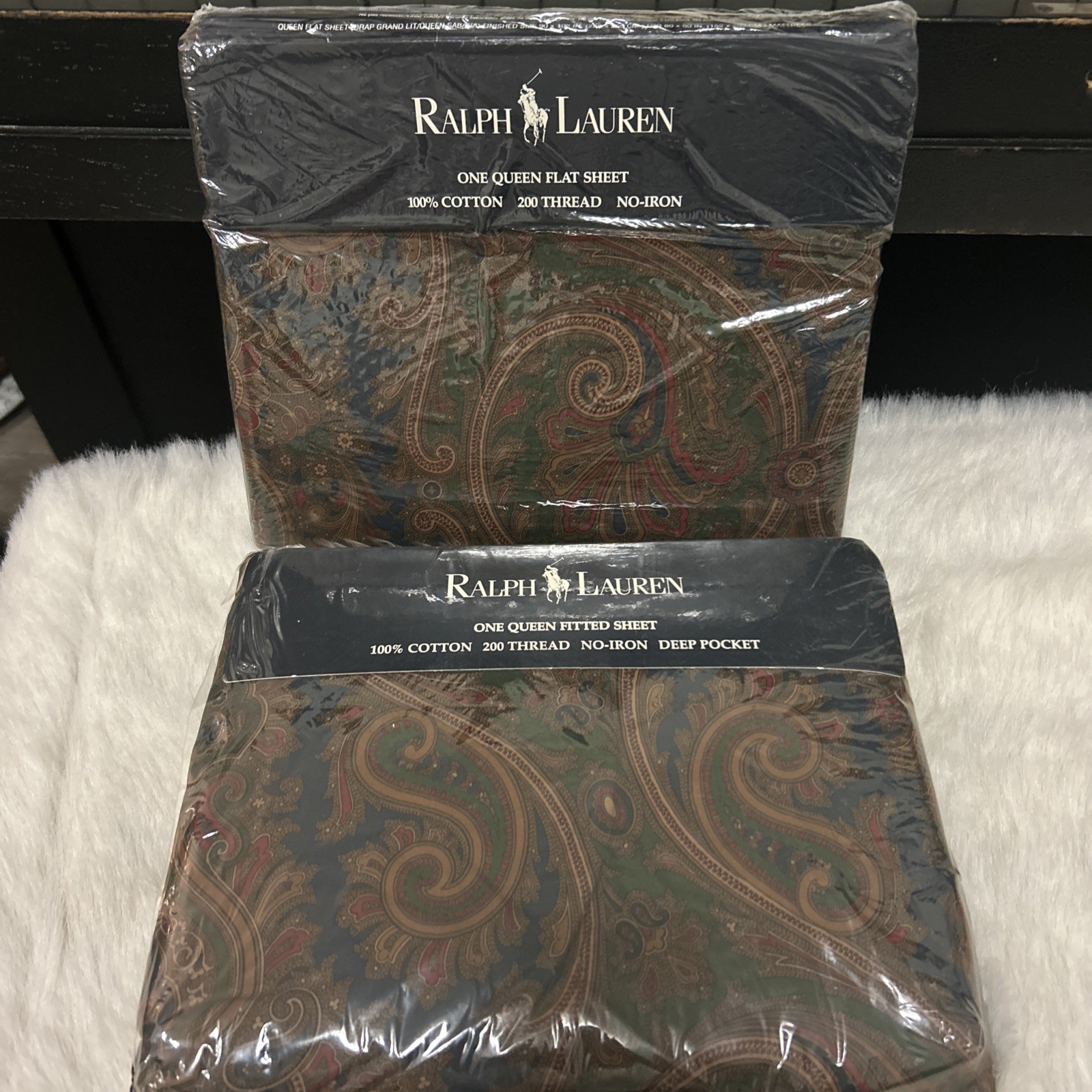 Rare Vintage Ralph Lauren USA Elizabeth Paisley Blue Green Queen Sheet Set New