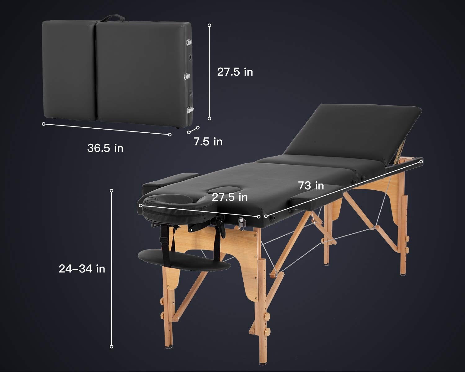 Portable 73 inch Folding Massage Table Black