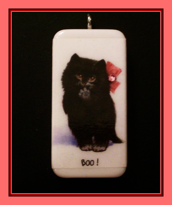 PRECIOUS BLACK KITTEN - SAYING BOO FOR HALLOWEEN - DOMINO PENDANT