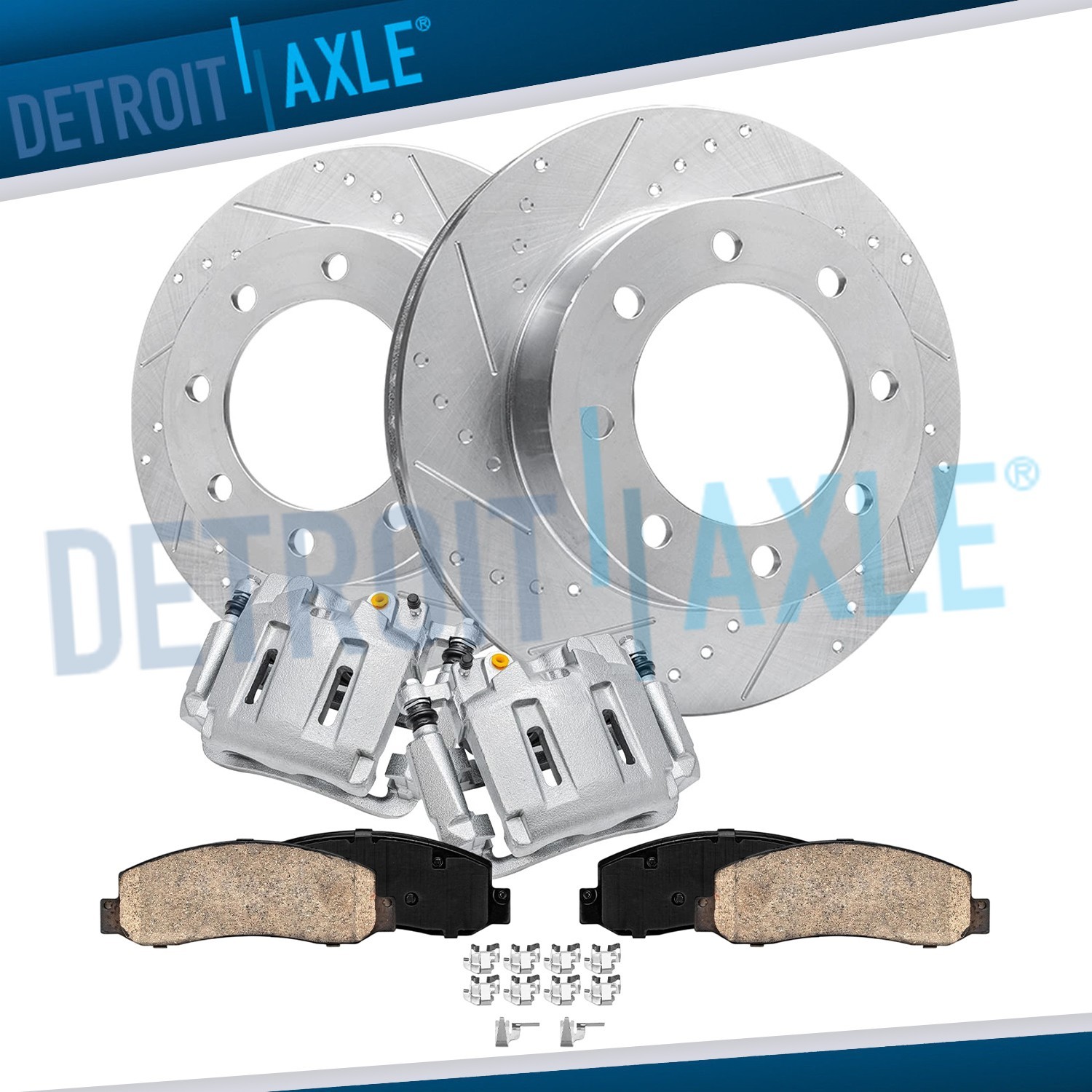 4WD Front Drilled Rotors Calipers Brake Pads for Ford F-250 F-350 Super Duty