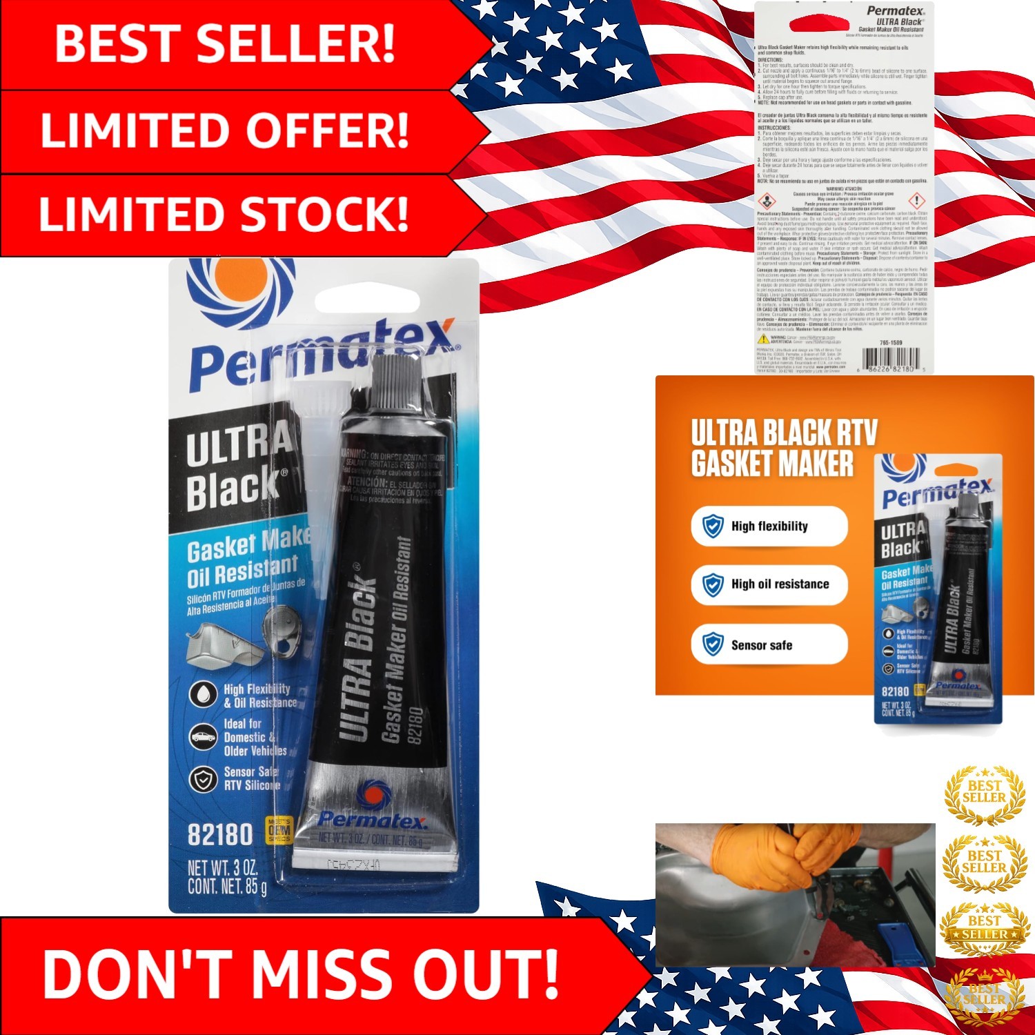 Ultra Black RTV Silicone Gasket Maker 3 oz - Maximum Oil Resistance, Sensor Safe