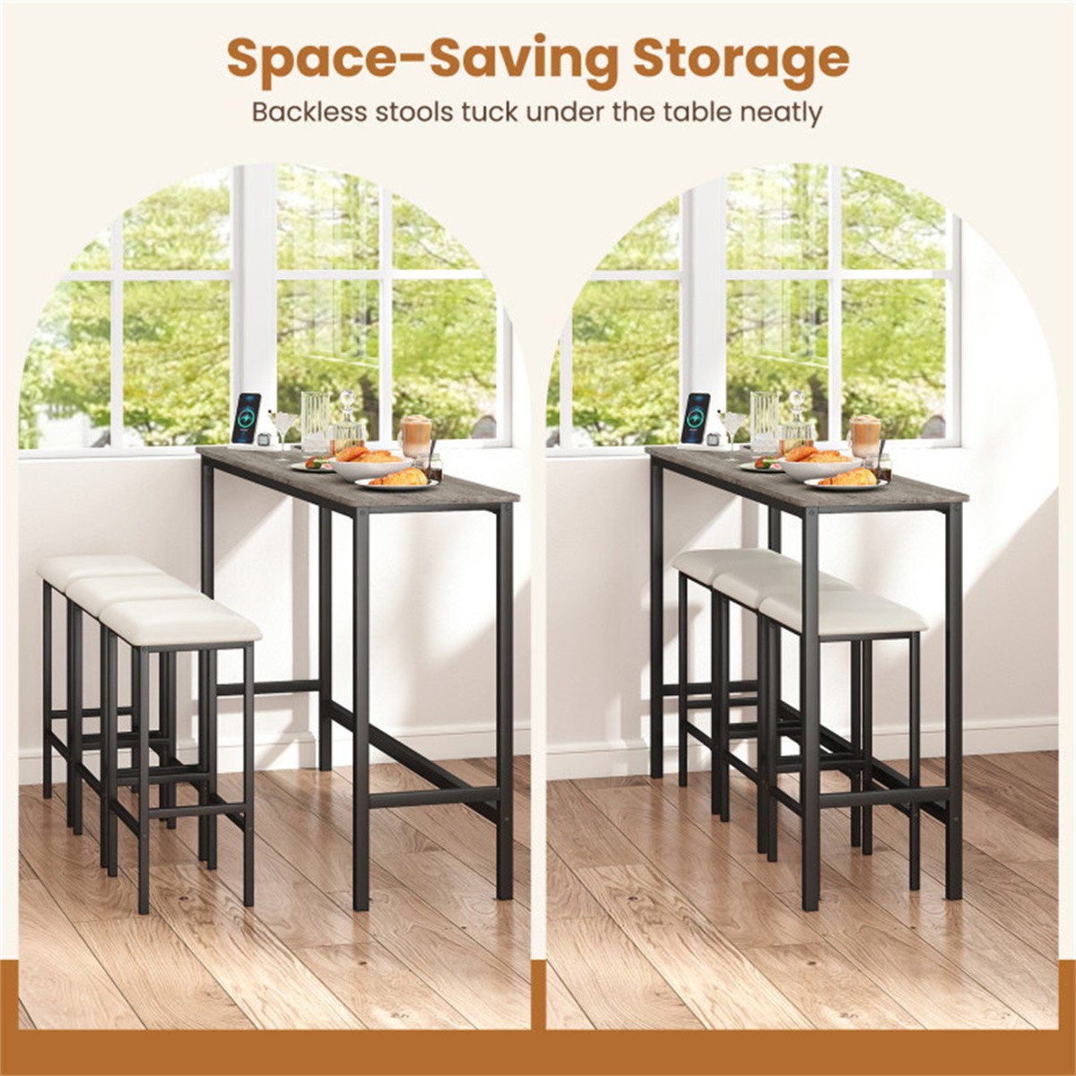 4 Piece Counter Height Bar Table Set with USB Ports Gray Pub Table with 3 Stools